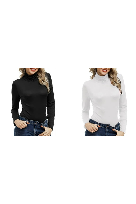 2Pcs Long Sleeve Shirts for Women Pullover High Neck Tight Fitting Priming Solid Classical Turtle Necks Tops for Women Causal Daily Womens Tops
