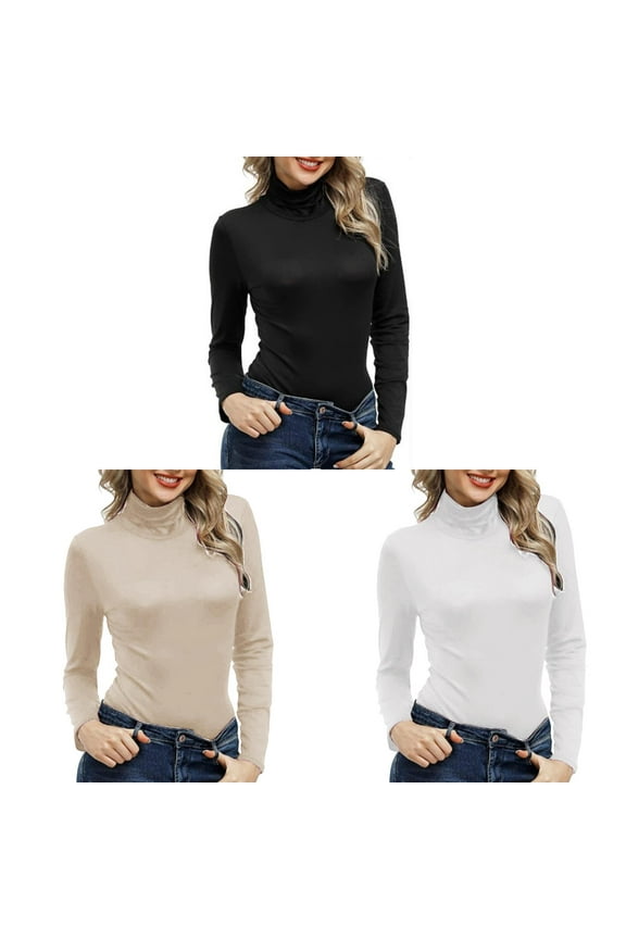 3Pcs Long Sleeve Shirts for Women Pullover High Neck Tight Fitting Priming Solid Classical Turtle Necks Tops for Women Causal Daily Womens Tops