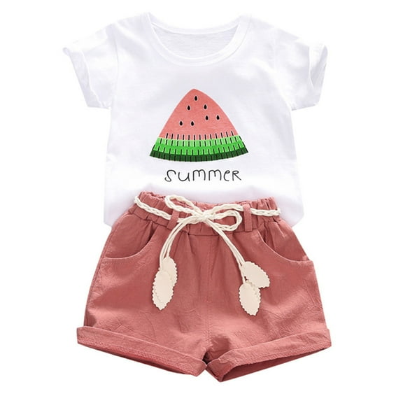 ZPYESWOW Baby Toddler Girls Clothessummer Watermelon Pattern Crewneck Short Sleeve T Shirt Tops Linen Shorts Outfits Cute Summer Shorts Sets Causal Homewear Girls Clothes