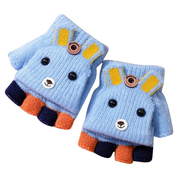 ZPYESWOW Winter Mittens for Kids Fingerless Gloves with Mitten Cover Cartoon Convertible Flip Top Gloves Toddler Kids Winter Wool Knit Fingerless Gloves with Mitten Cover