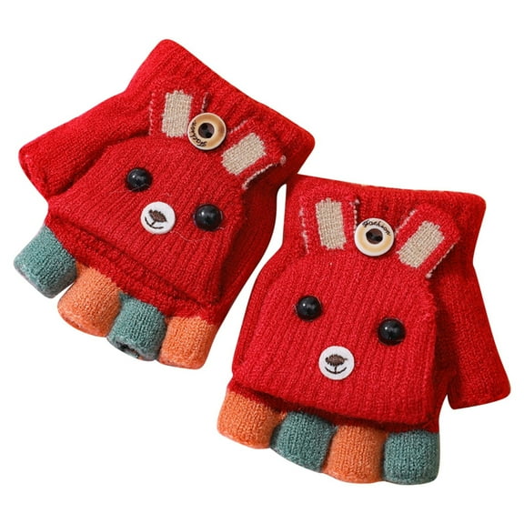 ZPYESWOW Winter Mittens for Kids Fingerless Gloves with Mitten Cover Cartoon Convertible Flip Top Gloves Toddler Kids Winter Wool Knit Fingerless Gloves with Mitten Cover