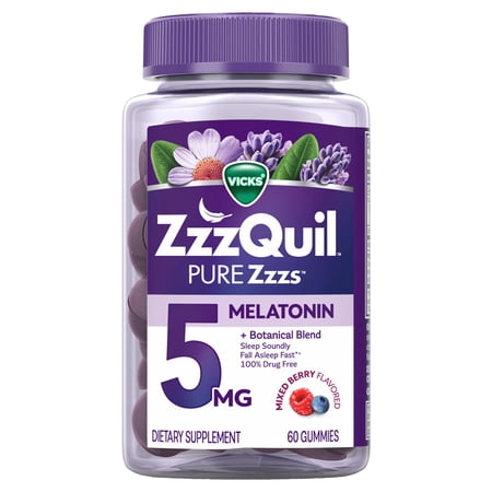 ZzzQuil Pure Zzzs Melatonin Gummies, Melatonin 5mg, Sleep Aid, Berry Flavored, 60 Sleep Gummies