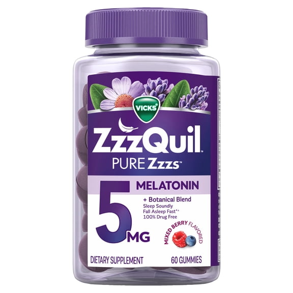ZzzQuil Pure Zzzs Melatonin Gummies, Melatonin 5mg, Sleep Aid, Berry Flavored, 60 Sleep Gummies