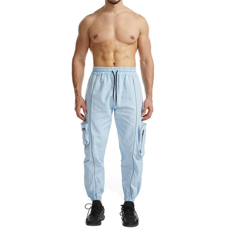 ZQC Men Drawstring Pants Reflective Stripes Jogger Middle Trousers Casual