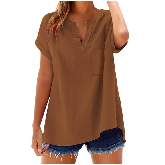 ZQGJB 2025 Summer Linen Tops for Women Trendy Roll Up V Neck Short Sleeve Tshirts Workout Tees Shirt Plus Size Soft Cotton Beach Shirt with Pockets Brown XXL