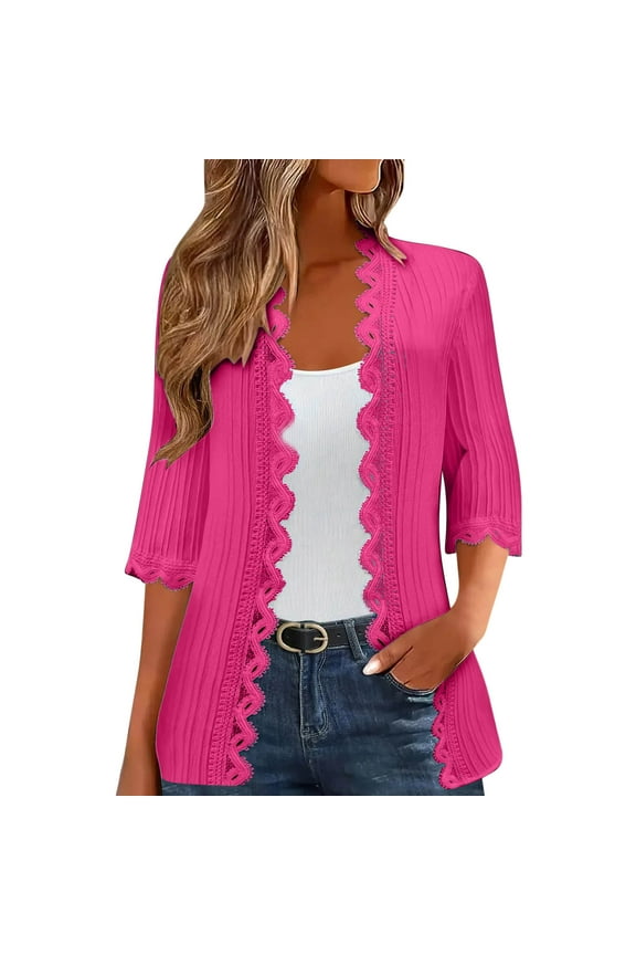 3/4 Sleeve Lace Trim Open Front Cardigan Tops for Women Dressy Casual Summer Crochet Eyelet Hollow Tunic Shirts Elegant Ladies Blouse Hot Pink S