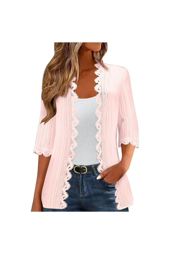 3/4 Sleeve Lace Trim Open Front Cardigan Tops for Women Dressy Casual Summer Crochet Eyelet Hollow Tunic Shirts Elegant Ladies Blouse Pink XXL