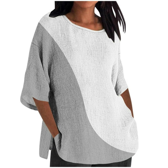 ZQGJB 3/4 Sleeve Linen Shirts for Women Casual Summer Color Block Print Crewneck Graphic T-Shirts Tops Loose Oversized Baggy Pullover T Shirt Blouse Gray M