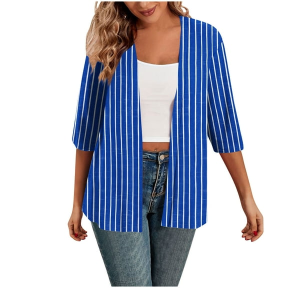 ZQGJB 3/4 Sleeve Striped Cardigans Tops for Women Lightweight Casual Open Front Cardigan Shirts Loose Fit Beach Cover Ups Blue M