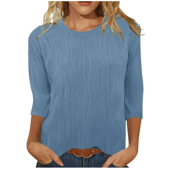ZQGJB 3/4 Sleeve Textured Tops for Women Summer Dressy Casual Solid Color Crewneck Basic Workout T-Shirts Loose Fit Soft Comfy Tunic Blouse Light Blue S