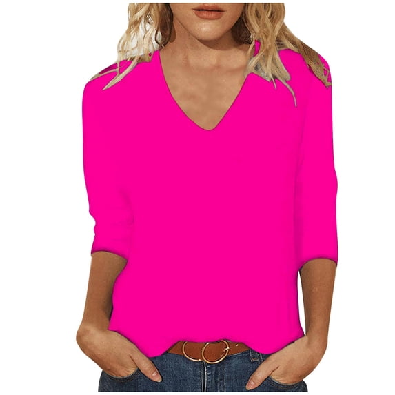 ZQGJB 3/4 Sleeve Tops for Women Solid Color Casual V Neck Summer T-Shirts Trendy Cute Plain Basic Tees Shirt Lightweight Cozy Tunic Blouse Hot Pink XL