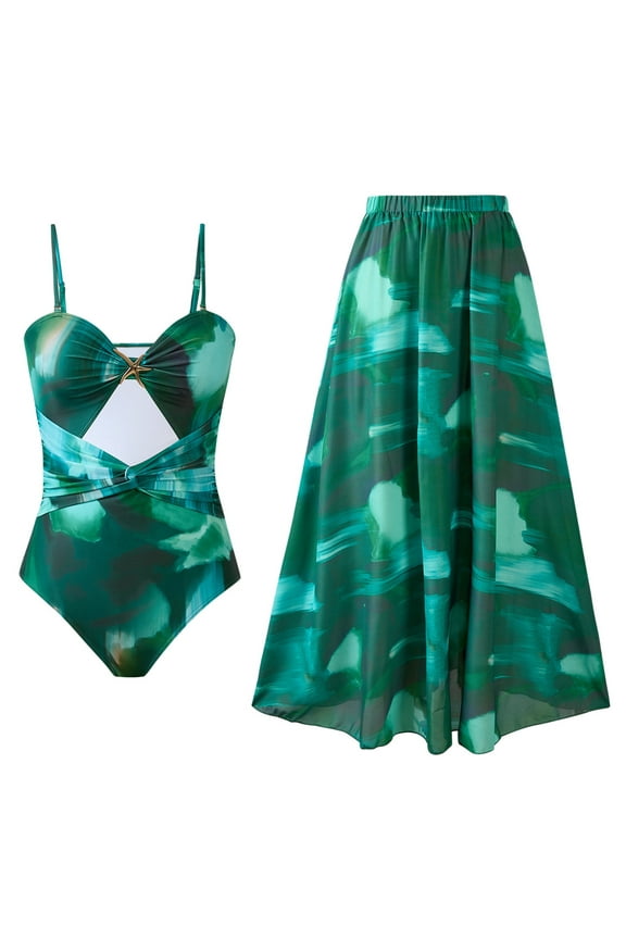 3 Piece Swimsuits for Women High Waisted Bikini Sets Retro Swimsuit with Cover up Beach Chiffon Maxi Wrap Skirt(Green,XL)