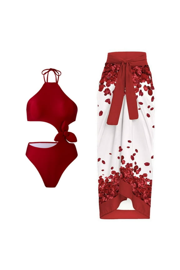 3 Piece Swimsuits for Women High Waisted Bikini Sets Retro Swimsuit with Cover up Beach Chiffon Maxi Wrap Skirt(Red,XL)