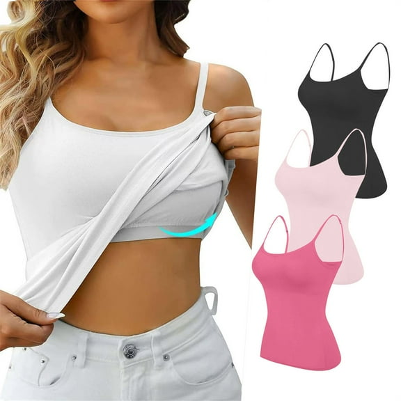 ZQGJB 3Pcs in Pack Cotton Shelf Bra Camisoles Top for Women Plus Size Solid Color Adjustable Spaghetti Strap Tank Tops Basic Layer Camis Black&Pink&Hot Pink M