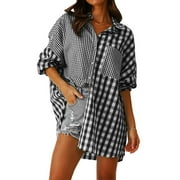 ZQGJB 50% Off Clear Plaid Flannel Shirts for Women Oversized Long Sleeve Button Down Boyfriend Buffalo Color Patchwork Shirt Shacket Jacket Blouse Tops(Black,XXL)