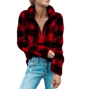 ZQGJB 50% Off Clear Women Sherpa Pullover Half Zip Long Sleeve Fluffy Soft Plush Fleece Jackets Sweaters Sweatshirts Hoodies Outwear Coat(Red,S)