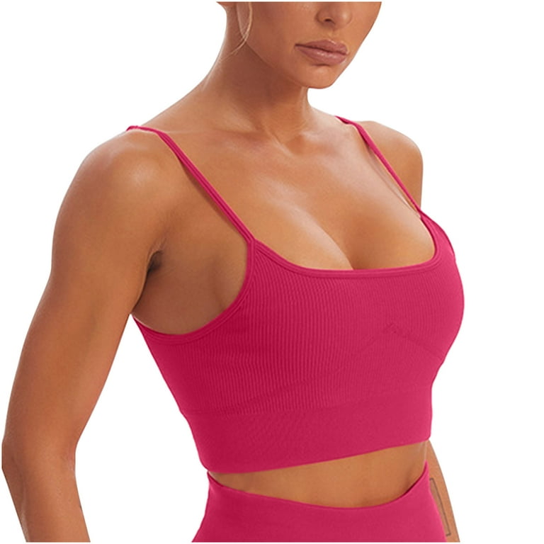 ZQGJB Adjustable Longline Sports Bra for Women - Ribbed V Back Wireless  Workout Fitness Padded Yoga Bra Cropped Tank Tops Hot Pink L