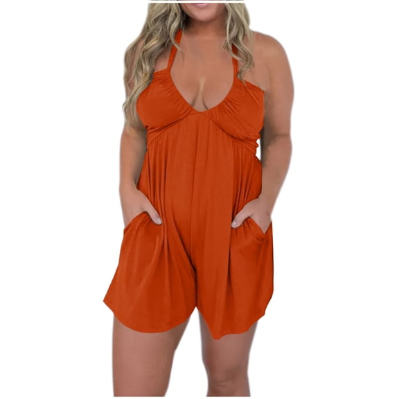 ZQGJB Baggy Rompers for Women Loose Fit Casual Summer Sleeveless Spaghetti Strap V Neck One Piece Shorts Jumpsuit with Pockets Wide Leg Overalls Pants Orange XL