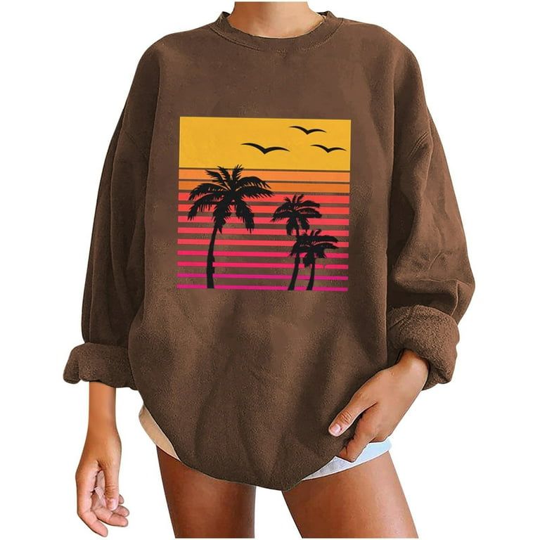 ZQGJB Baggy Sweatshirts for Women Fall Casual Long Sleeve Tropical Pattern Printed Round Neck Graphic T Shirts Oversized Loose Fit Cozy Blouse Coffee