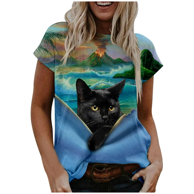ZQGJB Black Cat Graphic Tshirts for Women Summer Short Sleeve Casual Round  Neck Pullover Tops Loose Fit Casual Print T Shirts Blouse Blue XXL 