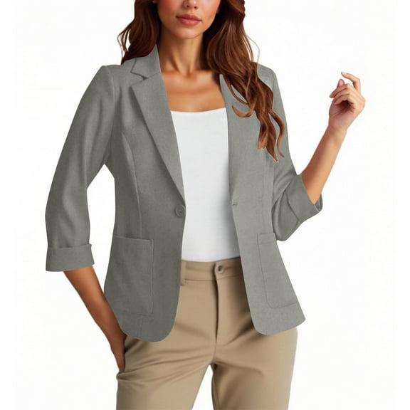 ZQGJB Blazers for Women Suit Jackets Dressy Rolled-up 3/4 Lenght Sleeve Single Breasted Blazer Jacket Business Casual Outfits for Work Gray M