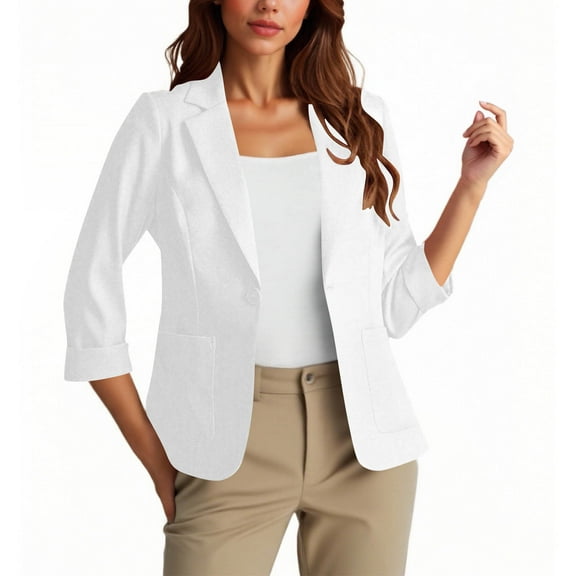 ZQGJB Blazers for Women Suit Jackets Dressy Rolled-up 3/4 Lenght Sleeve Single Breasted Blazer Jacket Business Casual Outfits for Work White S