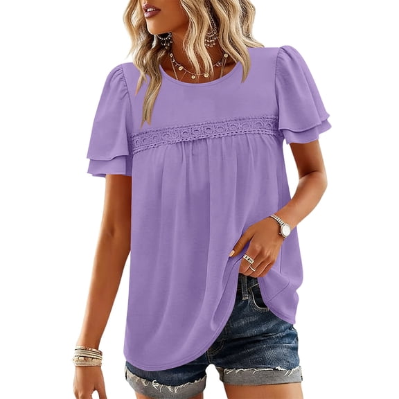 ZQGJB Blouses for Women Dressy Casual Peplum Babydoll Tops Ruffle Short Sleeve Crewneck Flowy Tunic Shirts Plus Size Fashion Clothing Purple XL