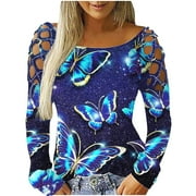 ZQGJB Butterfly T Shirts for Women Casual Pullover Crewneck Cut Hollow Rhinestone Sweatshirts Long Sleeve Loose Fit Cold Shoulder Tops(Blue,XL)
