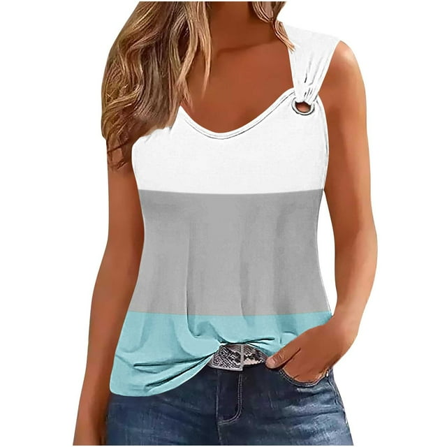 ZQGJB Camisole Vest Tops for Women Casual Striped Color Block Print Metal Strap V Neck Graphic Tunic Tees Shirt Lightweight Comfy Basic Workout Tank Top Blue#02 XL