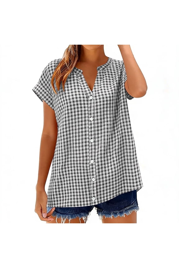 Cap Short Sleeve Button Down Linen Shirts for Women Gingham Plaid Striped Tops V Neck Casual Loose Soft Cotton Tunic Blouse Gray XL