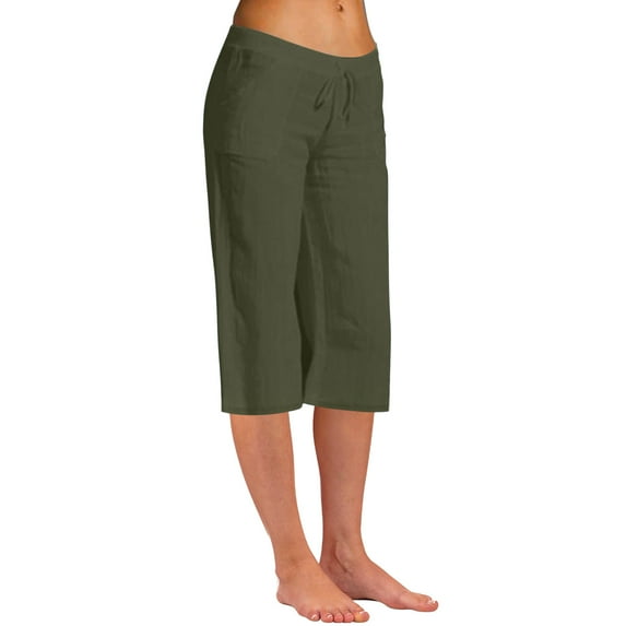ZQGJB Capris Pants for Women Plus Size Casual Summer Drawstring Elastic High Waist Solid Color Straight Wide Leg Comfy Trousers with Pockets Army Green XL