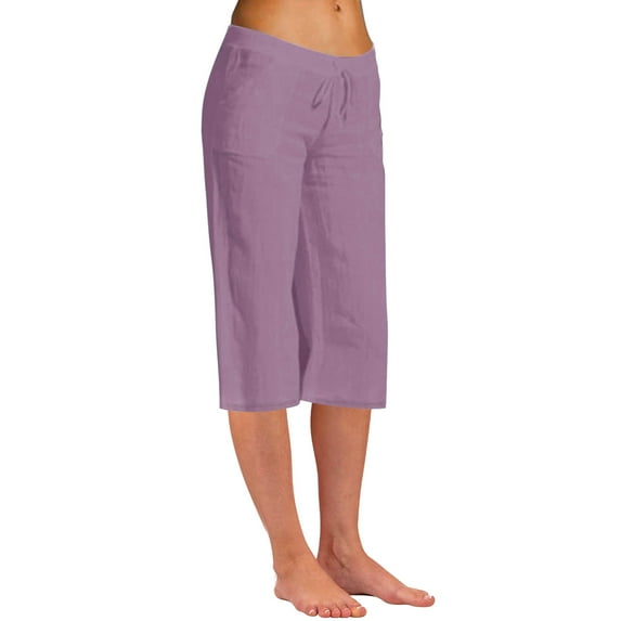 ZQGJB Capris Pants for Women Plus Size Casual Summer Drawstring Elastic High Waist Solid Color Straight Wide Leg Comfy Trousers with Pockets Purple XXL