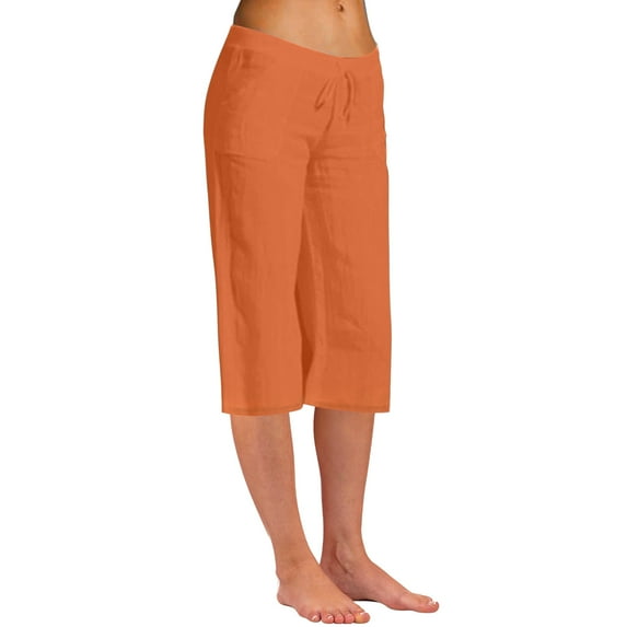ZQGJB Capris Pants for Women Plus Size Casual Summer Drawstring Elastic High Waist Solid Color Straight Wide Leg Comfy Trousers with Pockets Orange L