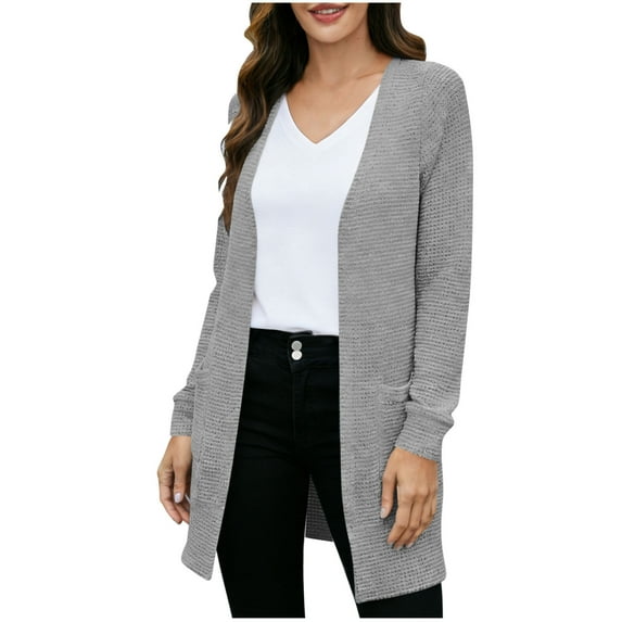 ZQGJB Cardigan Sweaters for Women Lightweight Fall Spring Open Front Long Sleeve Loose Lightweight Knit Sweater Tops Loose Oversized Outwear Coat with Pockets Gray L