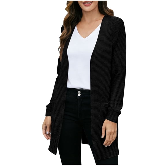 ZQGJB Cardigan Sweaters for Women Lightweight Fall Spring Open Front Long Sleeve Loose Lightweight Knit Sweater Tops Loose Oversized Outwear Coat with Pockets Black M