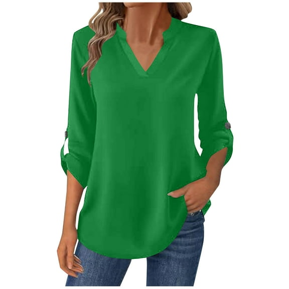 ZQGJB Casual Button Roll-up Tops for Women Loose Fit Dressy Work Business T-Shirts Long Sleevel Elegant V Neck Tunic Blouse Green S