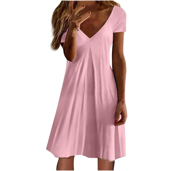 ZQGJB Casual Dresses for Women Elegant Summer Short Sleeve Ruched V Neck Solid Color Beach Sundress Loose Flowy Baggy Hem Tunic Dress Pink L