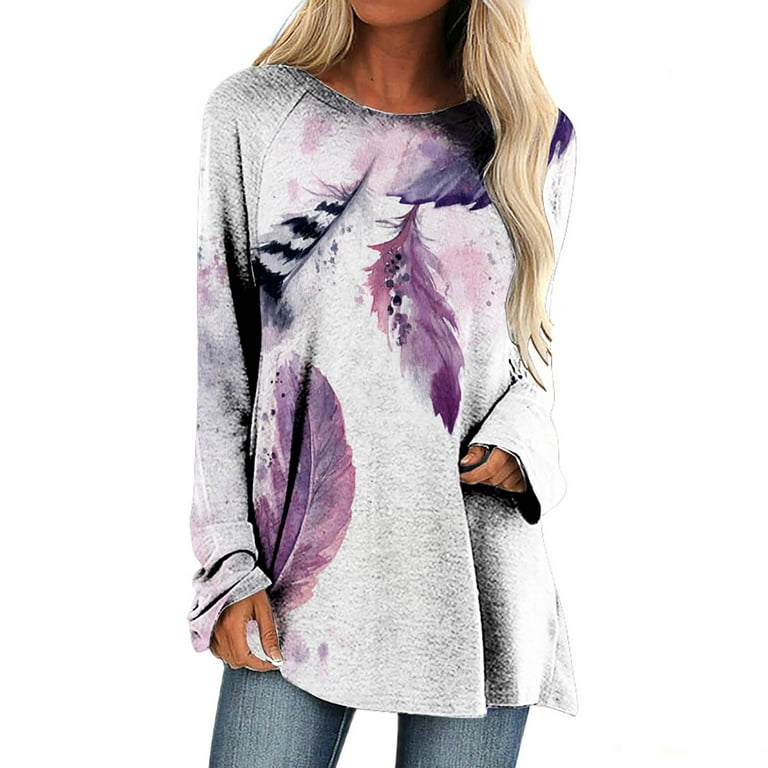 ZQGJB Casual Shirts for Women Spring Trendy Long Sleeve Wind Bell with  Feather Graphic Crewneck Pullover Sweatshirts Loose Flowy Tunic Tops for