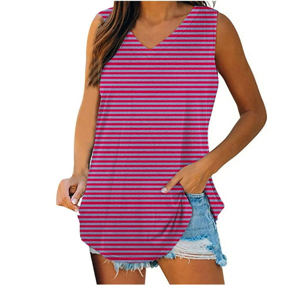 ZQGJB Casual Striped Print Tank Tops for Women Loose Fit Summer Sleeveless V Neck Tunic Blouse Trendy Flowy Comfy Baggy T-Shirts Hot Pink XXL