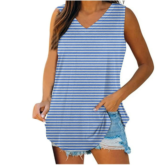 ZQGJB Casual Striped Print Tank Tops for Women Loose Fit Summer Sleeveless V Neck Tunic Blouse Trendy Flowy Comfy Baggy T-Shirts Light Blue L