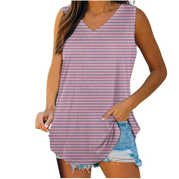 ZQGJB Casual Striped Print Tank Tops for Women Loose Fit Summer Sleeveless V Neck Tunic Blouse Trendy Flowy Comfy Baggy T-Shirts Pink M