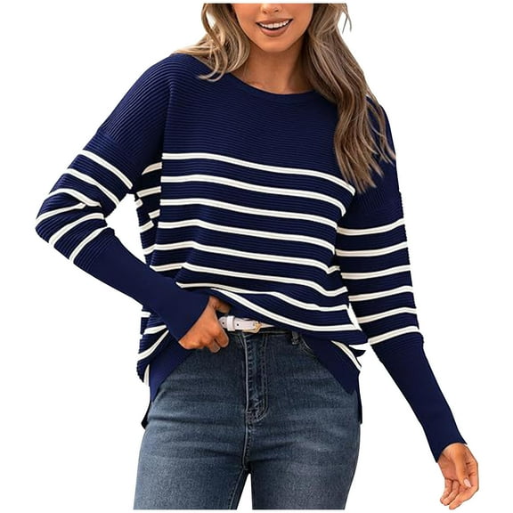 ZQGJB Casual Striped Print Women Fall Sweater Lightweight Long Sleeve Ribbed Knit Pullover Jumper Tops Loose Crewneck Split Cozy Sweater Navy XXXL