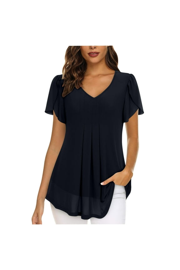 Chiffon Blouses for Women Loose Fit Casual Solid Color Summer Petal Short Sleeve Ruffled Ruched V Neck Double Layers Mesh Tunic Tees Shirts Black L