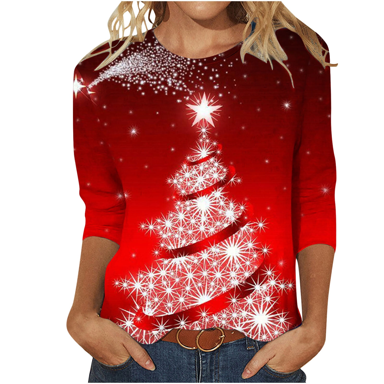 ZQGJB Christmas Women 3/4 Sleeve Shirts Cute Sparkly Xmas Tree Print ...