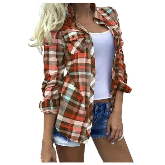 ZQGJB Clearance Flannel Shirt for Women Plaid Color Block Tops Cotton Buffalo Casual Blouses Long Sleeve Classic Button Classic Fit Shacket wit Pockets(Orange,XL)