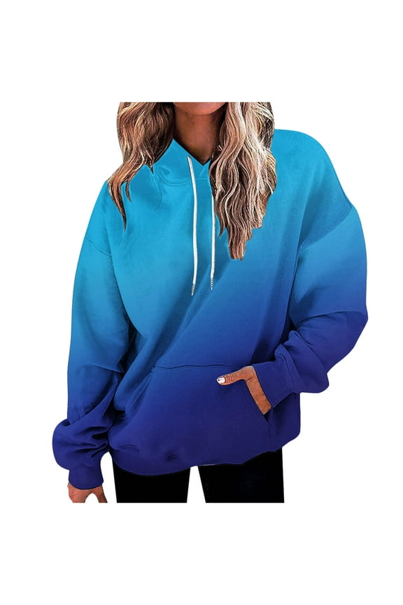 Ombre Hoodie Tops for Women Casual Fall Long Sleeve Tie Dye Gradient Printed Drawstring Hooded Pullover Sweatshirts Loose Lightweight Cozy Blouse Blue XXL