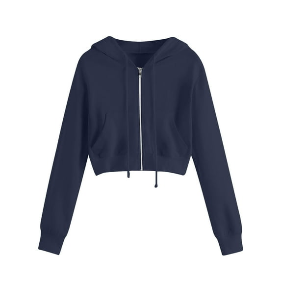 ZQGJB Plus Size Women's Full Zip Up Hoodie Casual Long Sleeve Solid Color Hooded Sweatshirts Pockets Lightweight Thin Cropped Jacket Coat for Teen Girls Dark Blue S