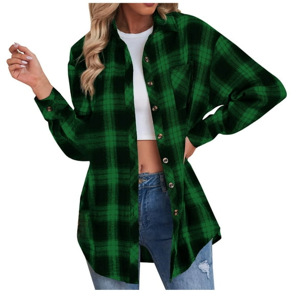 ZQGJB Women's Fall Winter Plaid Flannel Shacket Jacket Long Sleeve Lapel Button Down Shirt Loose Coat Outwear Tops with Pockets(Green,M)