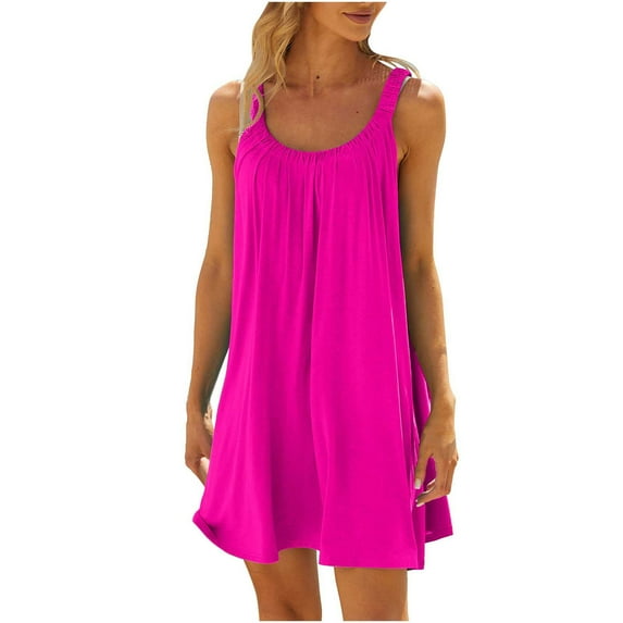 ZQGJB Clearance Womens Beach Cover Up Tank Dress Casual Vacation Beach Outfit Solid Color Summer Cover Up Dress with Pockets Loose Flowy Tunic Sun Dress Hot Pink M