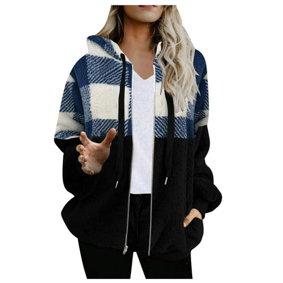 ZQGJB Womens Oversized Sherpa Pullover Hoodie with Pockets Fuzzy Fleece Sweatshirt Winter Full Zip Up Jacket Casual Plaid Color Block Fluffy Coat Outwear (Blue,XXL)